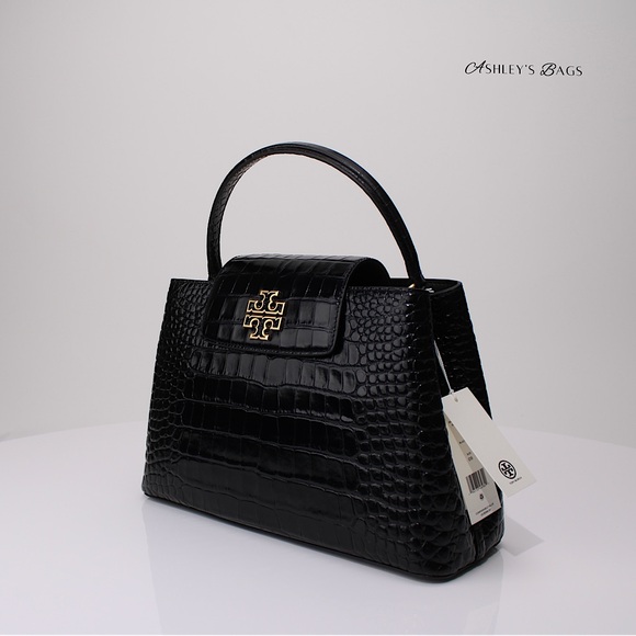 Tory Burch Britten Croc Embossed Small Satchel Crossbody In Black - Picture 2 of 12